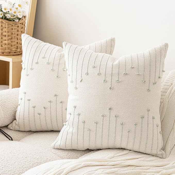 LILEPOY Boho Throw Pillow Covers 18x18 Set of 2 Neutral Decorative Textured Cushion Case Farmhouse Pillowcase Modern Square Pillow Covers for Sofa,Couch, Living Room,Beige and Green