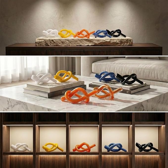 LCCCK Yellow Abstract Glass Knot Sculpture, Hand Blown Glass Decor for Coffee Table TV Cabinet, Shelf or Mantel Accent, Modern Knot Art for Coastal Living Room Tabletop Knick Knacks