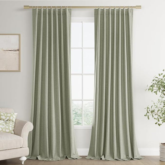 Joywell 100% Blackout Linen Curtains 102 Inch Long for Bedroom Black Out Curtain 2 Panels Rod Pocket Back Tab Hook Belt Room Darkening Drapes for Sliding Glass Door Window,52 x 102,Sage Green