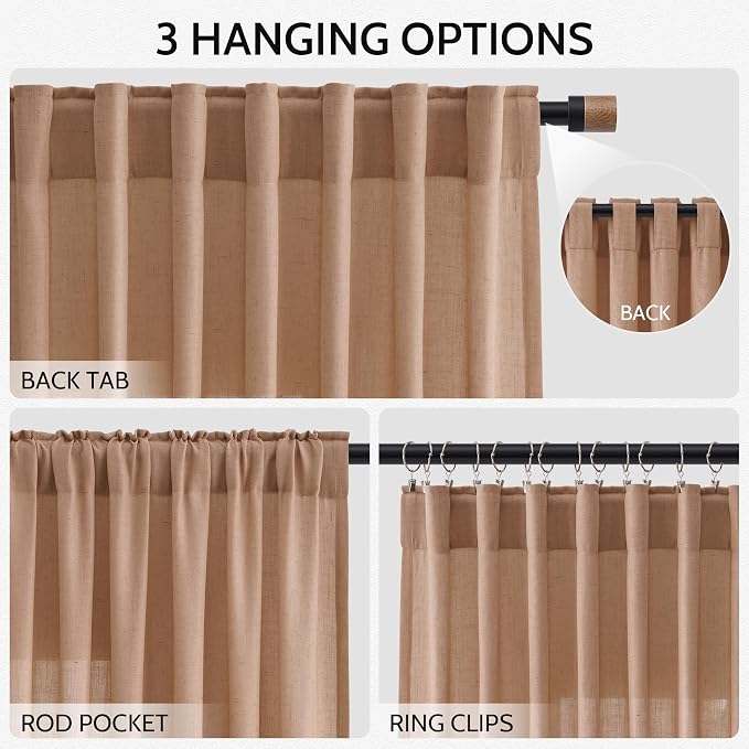 Peach Linen Curtains 90 Inch Long 2 Panels for Girl Bedroom Soft Linen Textured Window Drapes Semi Sheer Light Filtering Rod Pocket Back Tab Farmhouse Curtain Soft Vibrant Living Room 52x90