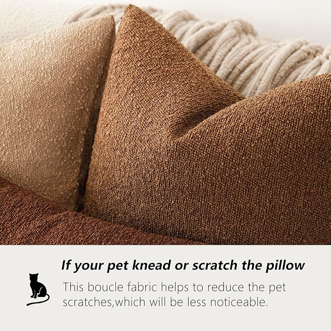 Foindtower Pack of 2 Modern Textured Boucle Throw Pillow Covers Accent Solid Decorative Pillow Cases Cozy Woven Couch Cushion Case for Chair Sofa Bedroom Living Room Home Decor 20x20 Inch Hazel Brown