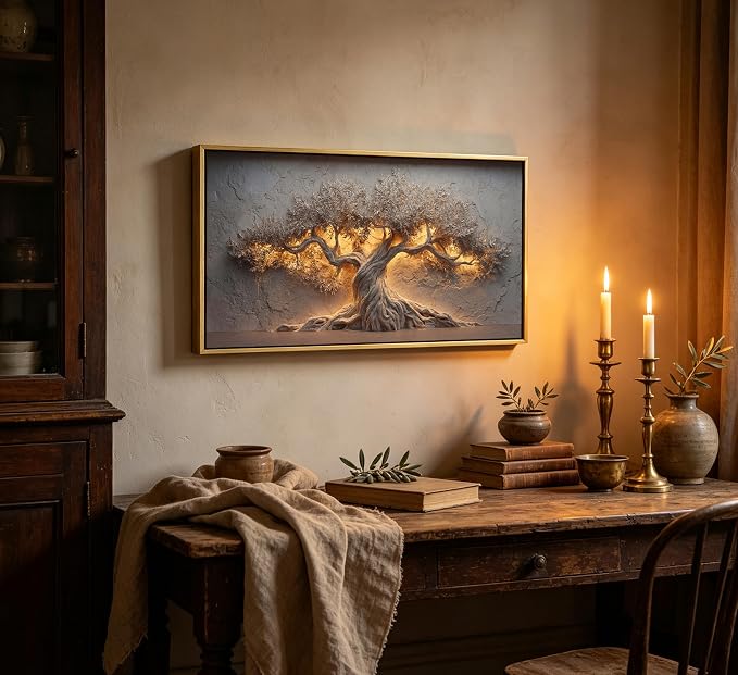 Framed Large Tree of Life Wall Art, Neutral Nature Big Tree Botanical Canvas Print Poster, Rustic Stone Wall Decor for Living Room Bedroom Hotel, Earth Tone,
