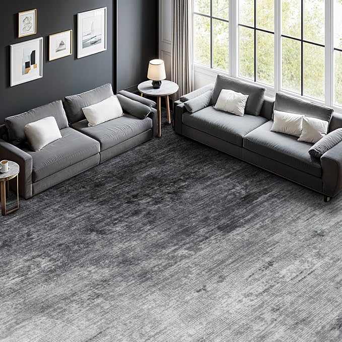 9x12 Washable Area Rug, Gray Solid Area Rugs for Living Room & Bedroom | Stain-resistant & Non-slip backing,Low Pile Washable Large Carpet, Solid Vintage Style For High Traffic Areas(9x12,Gray)