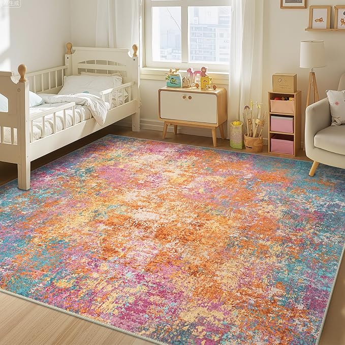 RELEANY Washable Area Rugs Square 8ft Non-Slip Modern Abstract Soft for Living Room Entryway Bedroom Kitchen, Print Pattern, Orange Blue Pink Yellow Colorful