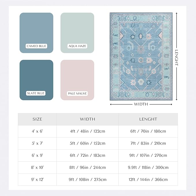 Teal Blue Oushak Large Area Rug 8x10 - Washable Boho Rug Vintage Turkish Non-Slip Carpet Non-Shedding Extra Large Area Rugs for Living Room, Dining, Bedroom, Lounge, Farmhouse