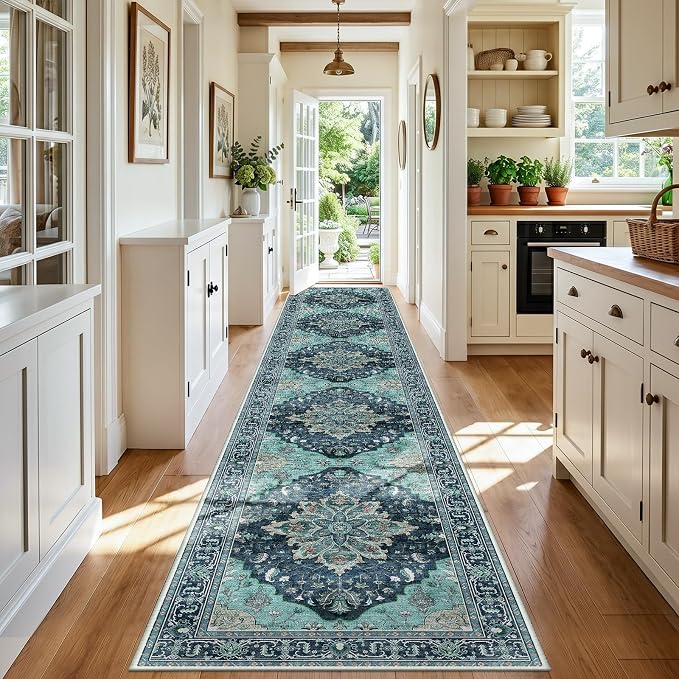 RELEANY Area Rugs Runner 3'x20' Washable Non-Slip, Floral Vintage Distress Medallion Carpet for Kitchen Hallway Bedroom Beside Laundry Room Bathroom, Teal Green Lake Blue Turquoise