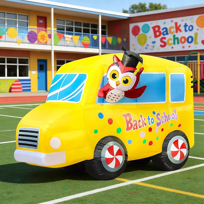 DomKom 6FT Back to School Inflatable Professor Owl & School Bus with LED Lights – Blow Up Decor for Kindergarten First Day, Welcome Back & Graduation Parties, Ideal for Patio, Garden & Yard Décor