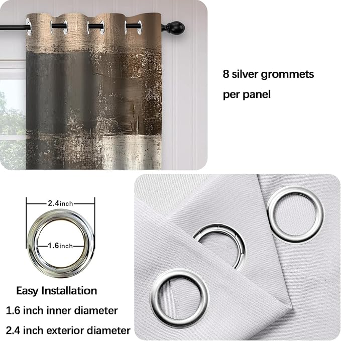 Brown Grey Abstract Blackout Curtain, Rustic Farmhouse Acrylic Aesthetic Unique Vintage Window Curtains Living Room Bedroom Decor Darkening Window Drapes Treatments, 2 Panels 52x96 Inch