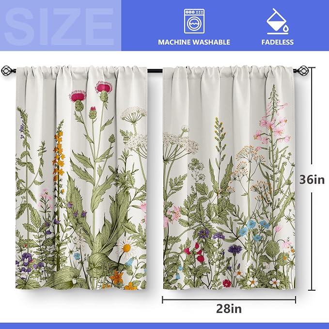 Floral Rustic Plant Kitchen Curtains - Spring Flower Botanical Vintage Farmhouse Country Green Leaves Cafe Short Tier Curtains Decor Wildflower Rod Pocket Window Drapes 36 Inch Length 2 Panels Set
