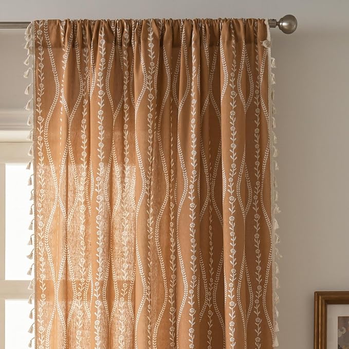 Sutuo Home Boho Curtains 84 Inches Length for Bedroom Living Room, Printed Cotton Linen Rod Pocket Rustic Farmhouse Bohemian Tassels Window Treatment, 1 Panel 59" W x 84" L, Terracotta Stripe Florals