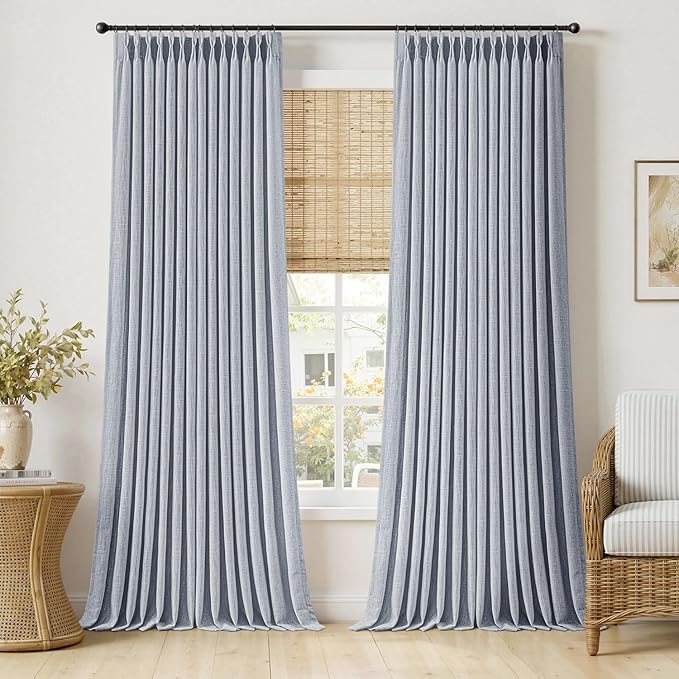 MIULEE Pinch Pleated Thick Linen Curtains 102 Inches Long 2 Panels for Living Room Bedroom, Linen Textured Drapes Pleat Back Tab Memory Trained Light Filtering Light Blue Window Curtains with Hooks