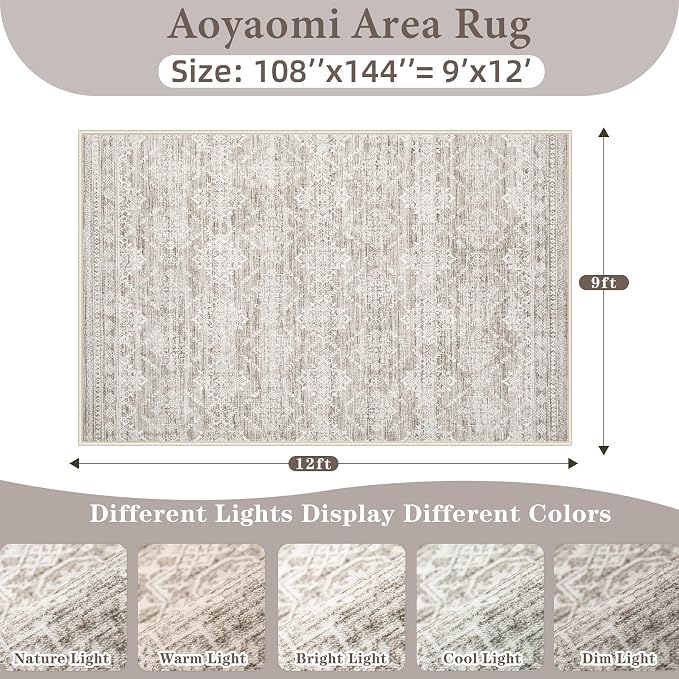 Area Rug for Living Room 9x12: Large Washable Boho Moroccan Rugs Geometric Neutral Rug, Non-Slip Foldable Morden Farmhouse Indoor Floor Carpet for Bedroom Dining Table Home(Ivory Mocha,9'x12')
