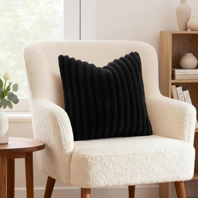 decorUhome Fall Cozy Faux Fur Throw Pillow Covers 18x18 Set of 2 Decorative Soft Plush Striped Modern Farmhouse Boho Couch Pillow Cases with Velvet Back for Sofa Bed Living Room, Black