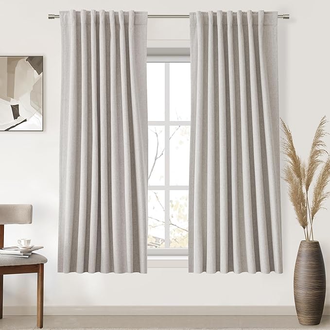 UHITECH Black Out Curtains 60 Inch Long for Bedroom 2 Panels Set Linen Textured Thermal Natural Curtain for Living Room Darkening for Small Windows Rod Pocket Modern Shower Drapes for Bathroom