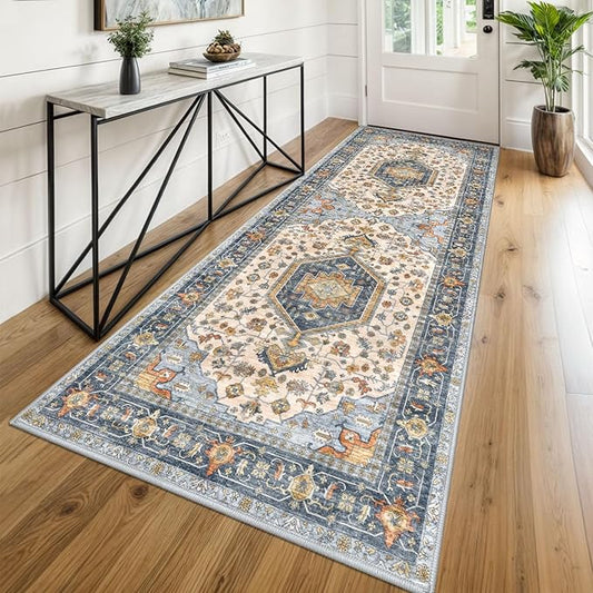 KUTA Washable Kitchen Runner 3x8, Non Skid Washable 8 ft Ivory Blue Runners, Printed Vintage Hallway Runner Rug Ultra Soft Carpet for Bedroom Living Room