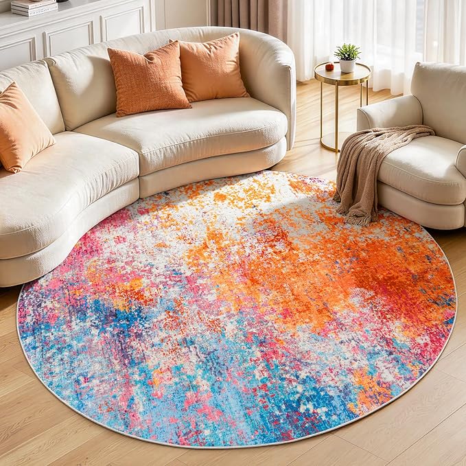 Rugflix Round Area Rugs 6Ft for Living Room, Washable Circle Rug Stain-Resistant Low Pile, Modern Dark Carpet for Bedroom Dining Room Home Office Kid Nursery Room, Rainbow