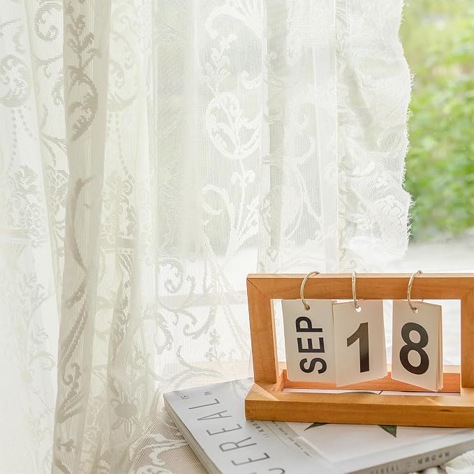 TUDECO Cream Lace Curtains 45 Inch Length, Sheer Lace Curtains Short for Kitchen Bathroom, Cute Floral Ruffled Edges, Light Filtering & Privacy Sink Curtain, 59 x 45 Inch, 2 Panels