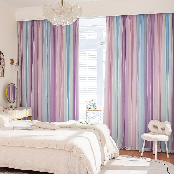 XiDi Girls Rainbow Blackout Curtains for Bedroom 2 Panels 63 Inches Long Thermal Insulated Pink Purple Double Layer Curtains with Sheer Overlay for Nursery Kids Room Decor Grommet Drapes W34XL63