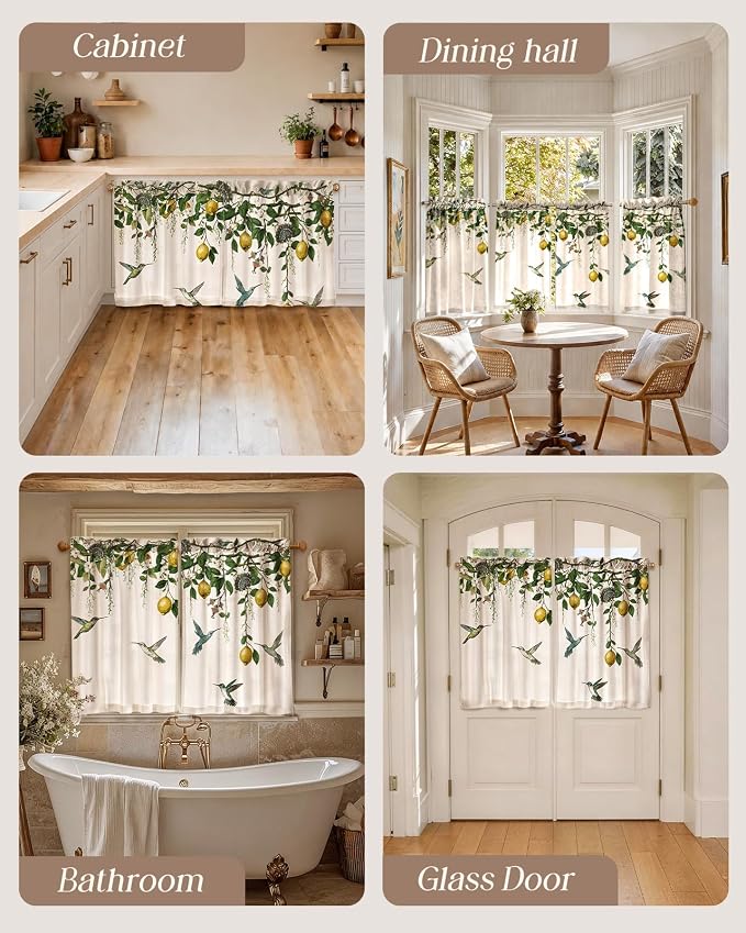 Miss Adola Farmhouse Kitchen Tier Curtains - 36 Inch Length Linen Blend Vintage Cafe Curtains Lemon Bird Small Window Treatments Over Sink Rod Pocket for Bathroom Living Room Light Filtering, 2 Panels
