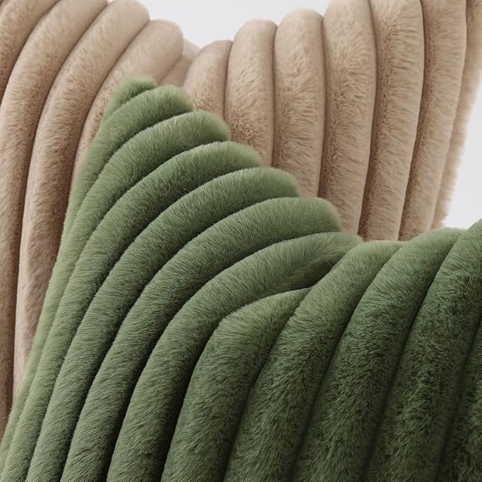 decorUhome Fall Cozy Faux Fur Throw Pillow Covers 20x20 Set of 2 Decorative Soft Plush Striped Modern Farmhouse Boho Couch Pillow Cases with Velvet Back for Sofa Bed Living Room, Olive Green