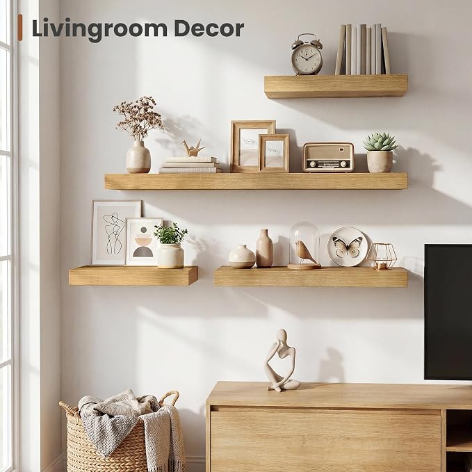 Vivelove 12 Inch Deep Floating Shelves 12 inch Long, 2 Inch Thick Wall Shelves with Invisible Brackets, Shelf for Bedroom Bathroom Living Room Kitchen Office Home Decor, Modern Shelf Set of 2, Oak
