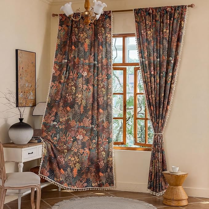 OYX Boho Floral Curtains 84 Inch, Linen Farmhouse Flower Drapes with Lace & Tassels, Light Filtering Semi Sheer Curtains for Living Room Bedroom, 2 Panels