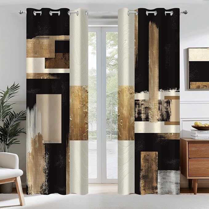 Boho Black Gold Abstract Blackout Curtains, Modern Oil Aesthetic Neutral Contemporary Beige Darkening Thermal Insulated Grommet Light Blocking Drape Decor, 52 x 84 Inch Long 2 Panels