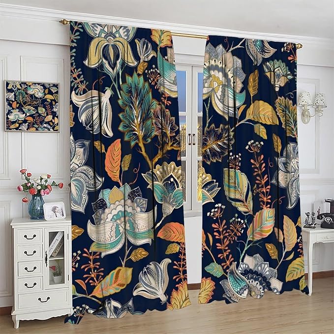 Bohemian Botanical Blackout Curtains, Abstract Ethnic Tribal Mandala Floral Print Window Treatments, Suitable for Bedrooms, Living Rooms and Kitchens.52X84 Inch
