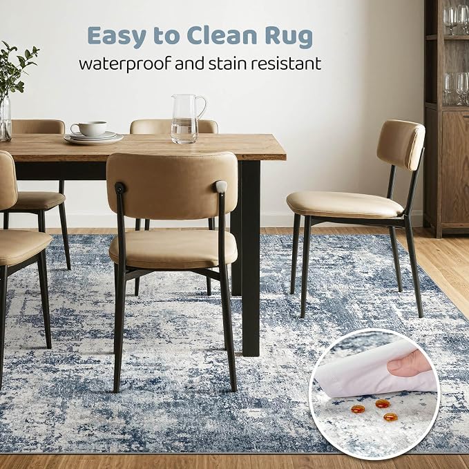 7x10 Area Rug Living Room: Washable Large Abstract Modern Soft Rug Stain Resistant Indoor Non-Slip Carpet for Bedroom Dining Room Nursery Kids Playroom Office Home House- Blue White