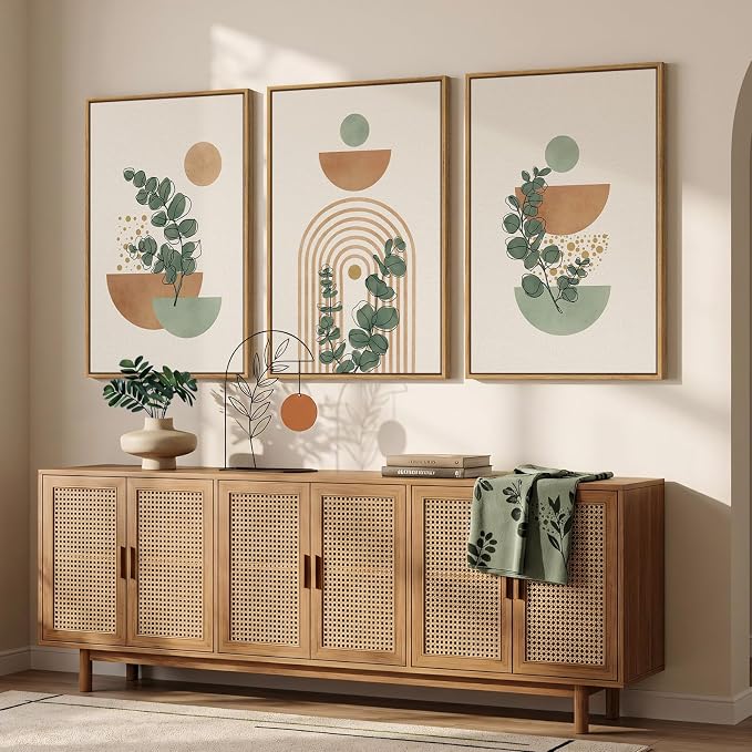 Large Framed Abstract Boho Wall Art for Living Room, 3 Piece Botanical Sage Green Plant Canvas Artwork for Walls, Minimalist Neutral Geometric Line Prints Paintings for Dining Room Hallway 20x30 Inch