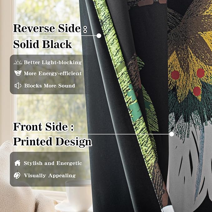 MYSKY HOME Black Boho Floral Blackout Curtains 84 inch Length 2 Panels Set for Living Room Thermal Insulated Black Out Energy Saving with Bird Patterned Grommet Drape for Dining Room, 52" x 84"