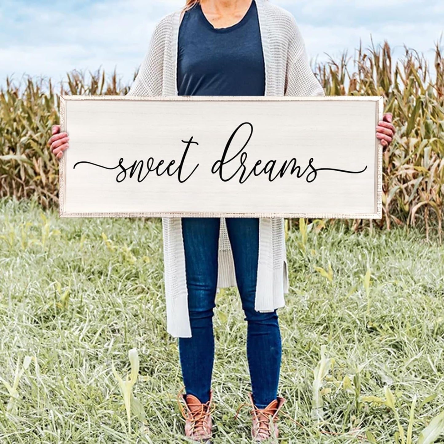 Sweet Dreams Wall Decor Above Bed 40''×15'' Master Bedroom Large Sweet Dreams Sign Farmhouse Wall Decor Guest Room Wood Rustic Framed Over Bed Wall Art Hanging Decoration (White)