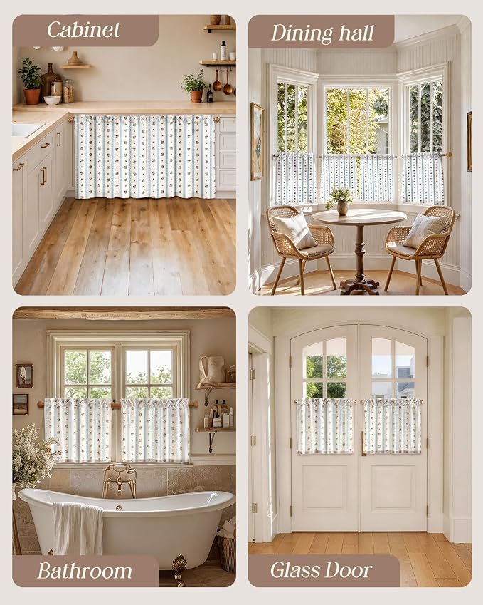 Miss Adola Farmhouse Kitchen Tier Curtains - 20 Inch Length Linen Blend Boho Cafe Curtains Blue Floral Small Window Treatments Over Sink Rod Pocket for Bathroom Living Room Light Filtering, 2 Panels