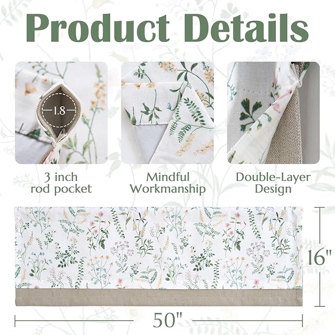 jinchan Linen Double Layer Valance Curtain for Windows Spring Summer Farmhouse Floral Light-reducing Kitchen Living Room Bedroom Bathroom 16 Inch Rod Pocket 1 Panel Green on White
