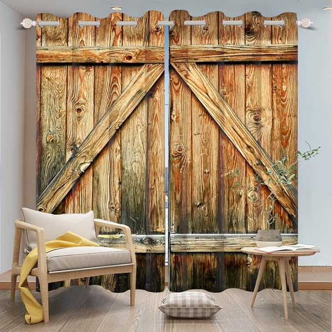 Rustic Vintage Wooden Plank Barn Door Curtains, Farmhouse Countryside Living Room Kitchen Curtains, 53x45 inch, 2 Panels with Grommets