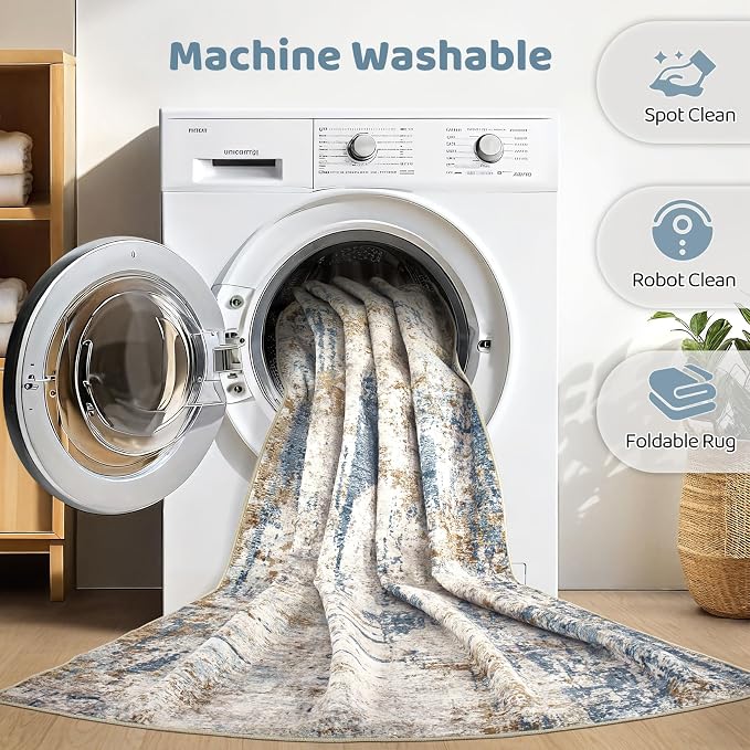 Runner Rug Kitchen Washable Rugs: 3x10 Non-Slip Abstract Soft Modern Stain Resistant Indoor Floor Neutral Accent Throw Carpet for Hallway Bathroom Laundry Room Entryway Bedroom- Blue Tan
