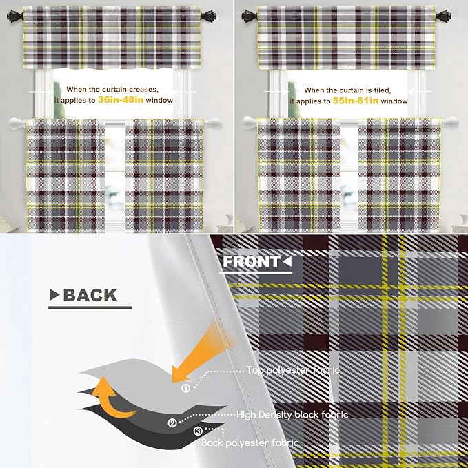 Shrahala Grunge Vintage Art Plaid Blackout Curtain Tiers, Tartan Grey Kitchen Valance Light Blocking Tier Drapes with Rod Pocket, 2 Pack 26 X 36 in