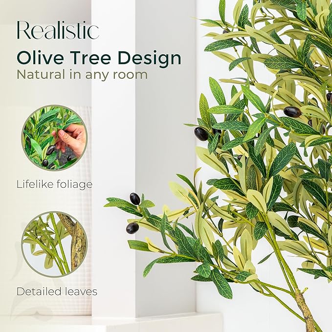 Olive Tree with Realistic Branches - Faux Olive Trees Indoor for Living Room, Conservatory & Office | Faux Plants Indoor Tall Home Decor Modern Fake Tree with Weighted Pot | 6ft Tall | Pimido