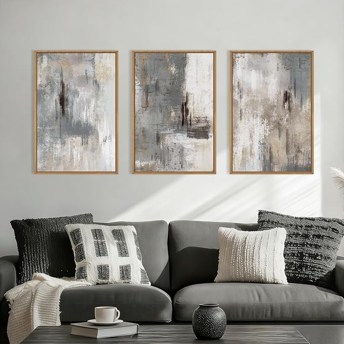 Large Abstract Neutral Gray Beige Framed Canvas Wall Art,Modern Minimalist Earth Tone Brushstroke Wall Decor,Vintage Rustic Color Block Artwork for Living Room,Bedroom,Farmhouse- 24"x36"x3