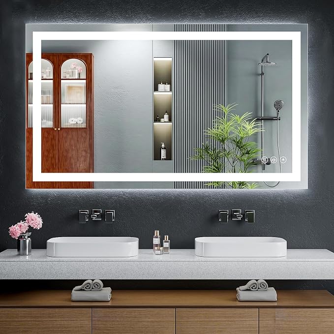 50"x30" LED Bathroom Mirror with Lights for Vanity, Anti-Fog & Dimmable 3-Color, Stepless Brightness Adjustable Wall Mounted Mirror for Bathroom Makeup Shaving