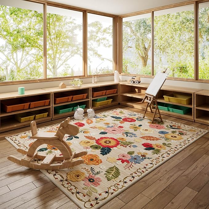 9x12 Area Rug for Living Room: Washable Rug Non Slip Low Pile Soft Faux Wool Non Shedding Distressed Vintage Floral Large Area Rugs for Bedroom Dining Room Kitchen Nursery Under Table Farmhouse Office
