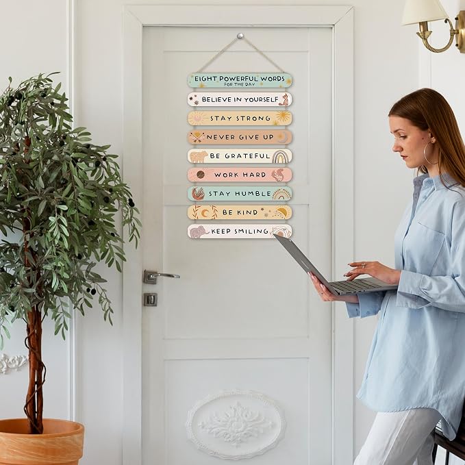 MONALET Boho Inspirational Motivational Wall Art Decor for Classroom Girls Dorm Bedroom Therapy Office, Positive Affirmations Hanging Wood Signs Decorations, 8 Powerful Words Wooden Plaque, 12x19