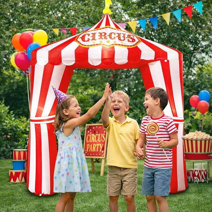 10ft Carnival Circus Tent Party Decorations, Red and White Striped Inflatable Arch with Build in LED Lights, Blow Up Tent for Circus Carnival Halloween Themed Birthday Party Decorations