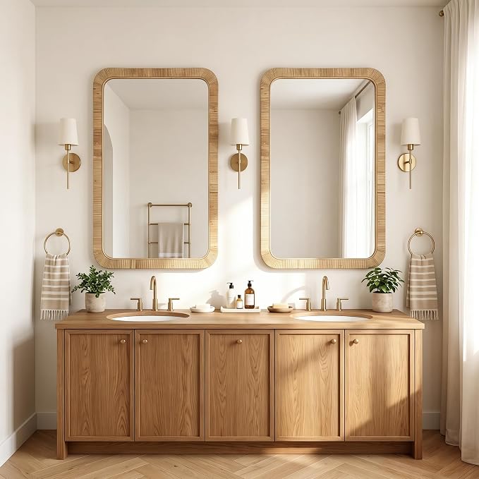 Decorative Rattan Wall Mirror, Boho Bathroom Modern Makeup, Rustic Wall Bohemia Mirrors for Bedroom, Living Room, Vanity Versatile Farmhouse, Nursery, Bathroom (Rectangular 48" x30“)