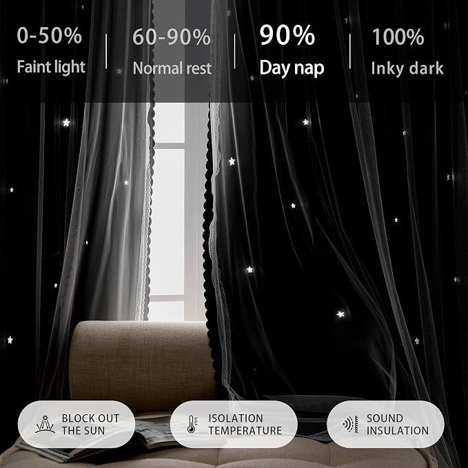 XiDi Grey Curtains for Bedroom 63 Inches Long 2 Panels Hollow Star Curtains Thermal Insulated Modern Luxury Unicorn Decor for Little Girl Kids Room Living Room Gray Blackout Curtains 34W x 63L