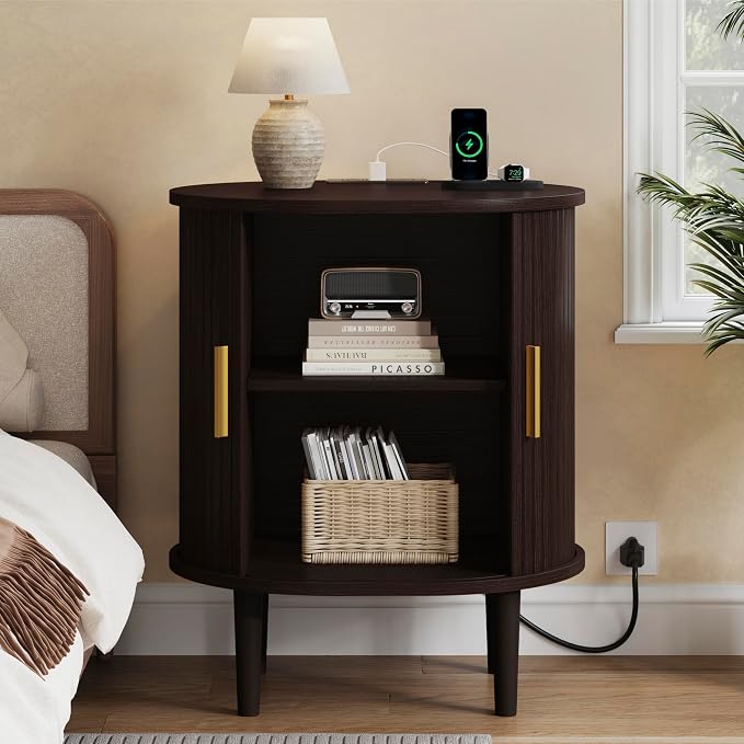 DHH Mid Century Modern Nightstand with Charging Station, Fluted Accent Side Table with Sliding Door & Adjustable Shelf, End Table for Small Space, Living Room, Bedroom,Sofa Couch(1, Dark Walnut)