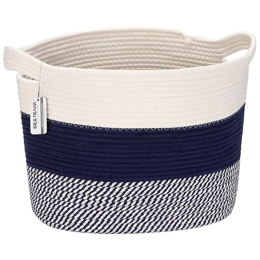 Sea Team Oval Large Cotton Rope Woven Storage Basket with Handles, Diaper Caddy, Baby Shower Basket, Nursery Nappies, Clothes Toys Organizer for Kid's Room, 16 x 13 inches, White & Mottled Navy