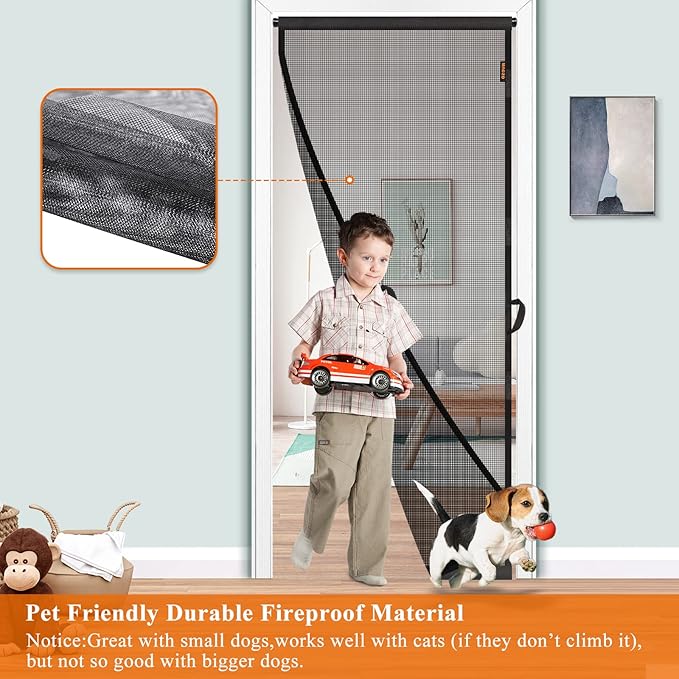 MAGZO Hanging Screen Door, Fits Door Size 28" x 80" (Curtain Size 30'' x 81''), Upgraded Fiberglass Mesh Net with Tension Rod&Hook&Loop (One Piece Can be Installed in 2 Ways), Weighted Bottom, Grey