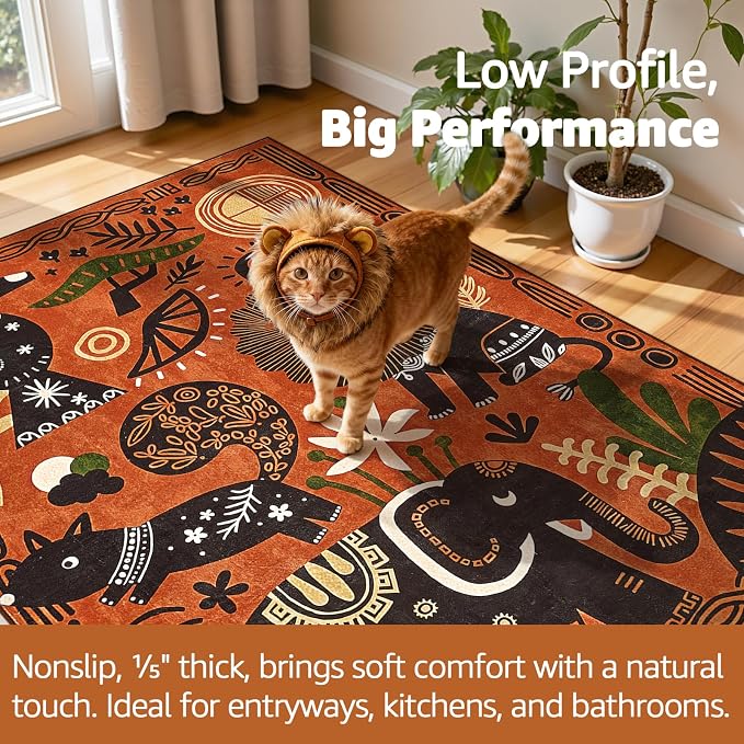 jinchan 5x7 Cute Area Rug Kids Washable Fun Rug Terracotta Boho Jungle Indoor Floor Cover Non Slip Safari Lightweight Soft Cozy Carpet for Nursery Playroom Daycare Bedroom Living Room