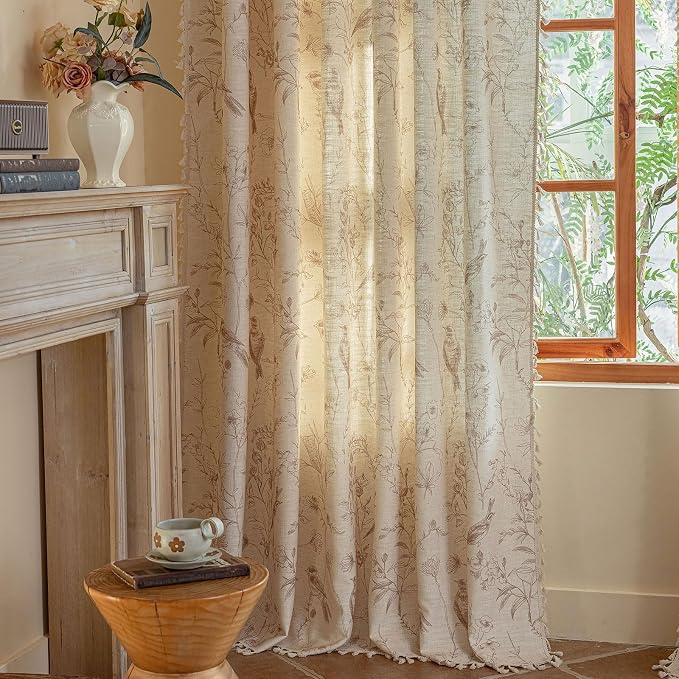 OYX Boho Bird Floral Curtains 84 Inch, Linen Farmhouse Botanical Drapes with Tassels, Light Filtering Semi Sheer Curtains for Living Room Bedroom, 2 Panels, Rod Pocket, 52Wx84L